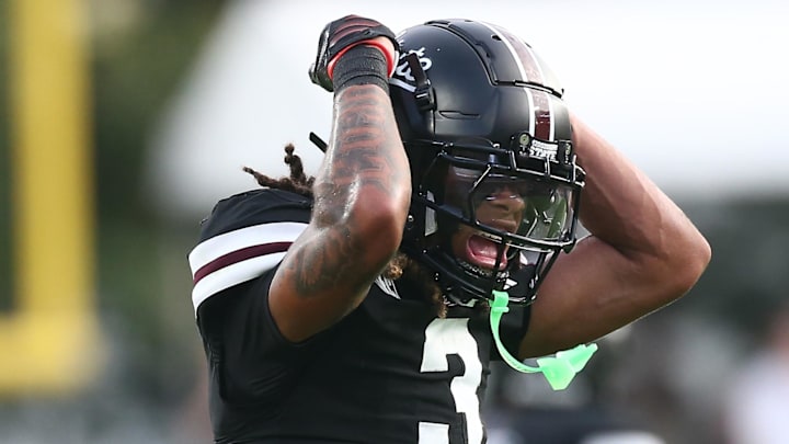 Mississippi State Bulldogs wide receiver Anthony Evans III (3) reacts during the first quarter against the Arizona State Sun Devils at Davis Wade Stadium at Scott Field. Mississippi State Bulldogs wide receiver Anthony Evans III (3) reacts during the first quarter against the Arizona State Sun Devils at Davis Wade Stadium at Scott Field.
