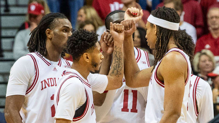 The Hoosiers huddle against South Carolina at Simon Skjodt Assembly Hall.