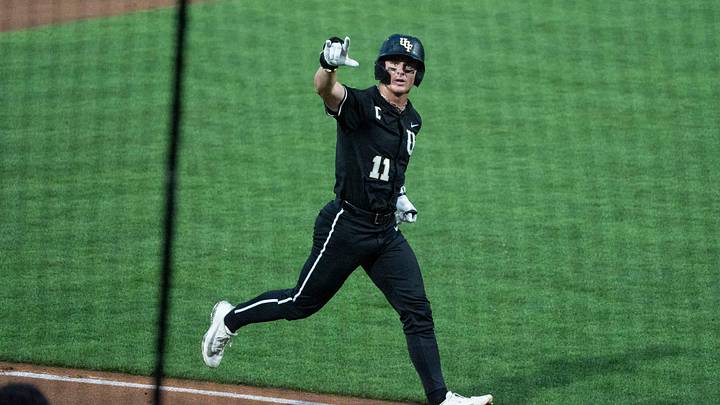 UCF Knights' Andrew Williamson (11) celebrates his home run as NC State Wolfpack take on UCF Knights during the NCAA Regional Baseball tournament at Plainsman Park in Auburn, Ala. on Friday, May 29, 2026.