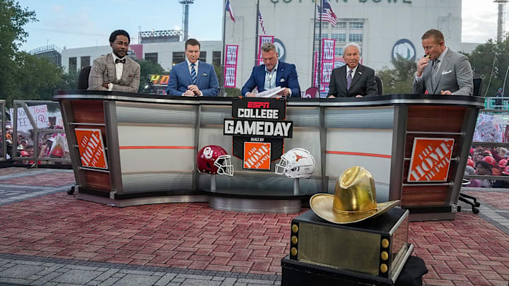 The Hosts of College GameDay during their show early morning before the NCAA college football game between Texas Longhorns Oklahoma Sooners at the Cotton Bowl on Saturday, Oct. 7, 2023 in Dallas, Texas. This game makes up the119th rivalry match up.