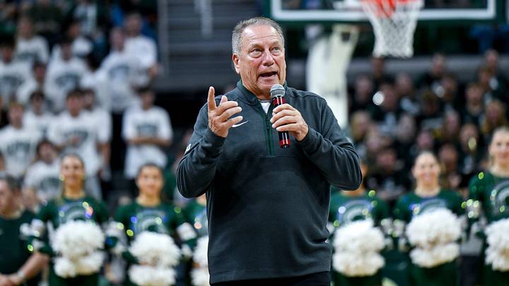 Michigan State’s head coach Tom Izzo addresses the crowd after the Spartans exhibition game against Incarnate Word on Friday, Oct. 2, 2026, at the Breslin Center in East Lansing.