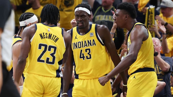 May 31, 2025; Indianapolis, Indiana, USA; Indiana Pacers forward Aaron Nesmith (23), forward Pascal Siakam (43) and center Thomas Bryant (3) react after a play against the New York Knicks in the third quarter during game six of the eastern conference finals for the 2025 NBA Playoffs at Gainbridge Fieldhouse. Mandatory Credit: Trevor Ruszkowski-Imagn Images May 31, 2025; Indianapolis, Indiana, USA; Indiana Pacers forward Aaron Nesmith (23), forward Pascal Siakam (43) and center Thomas Bryant (3) react after a play against the New York Knicks in the third quarter during game six of the eastern conference finals for the 2025 NBA Playoffs at Gainbridge Fieldhouse. Mandatory Credit: Trevor Ruszkowski-Imagn Images
