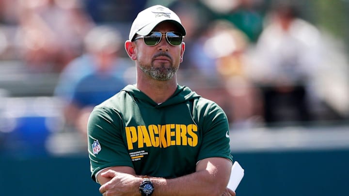 Green Bay Packers Head Coach Matt LaFleur watches practice during the sixth day of training camp on July 29, 2025, at Ray Nitschke Field in Ashwaubenon, Wis.