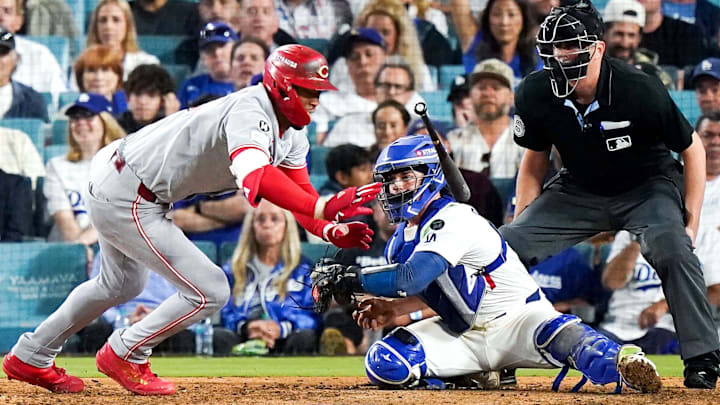 Cincinnati Reds outfielder Will Benson (30) gets out of the way of a pitch in the eighth inning of the MLB National League Wild Card Game 2 between the Cincinnati Reds and LA Dodgers, Wednesday, Oct. 1, 2025, at Dodger Stadium in Los Angeles, California. Dodgers won 8-4.