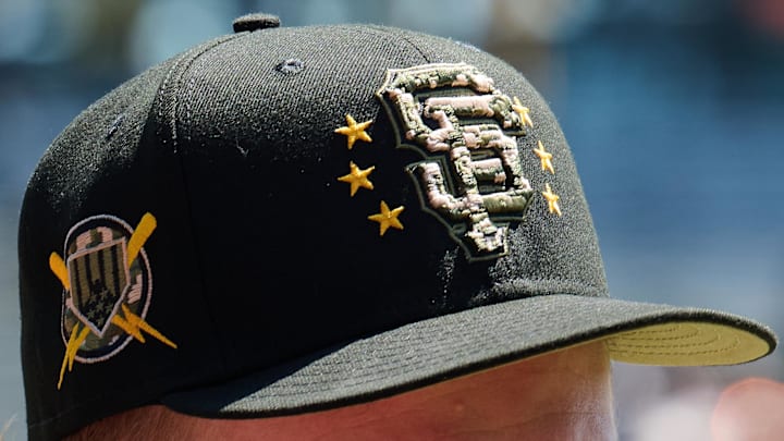 A San Francisco Giants hat with stars around the interlocking SF logo to celebrate the armed services.