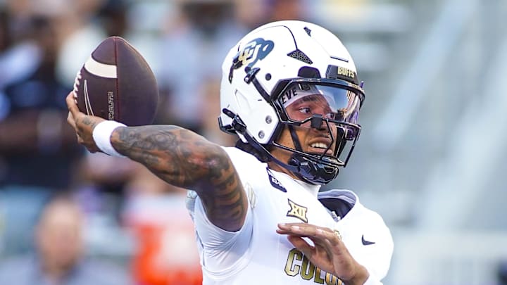 Oct 4, 2025; Fort Worth, Texas, USA; Colorado Buffaloes quarterback Kaidon Salter (3) warms up prior to a game against the TCU Horned Frogs at Amon G. Carter Stadium.