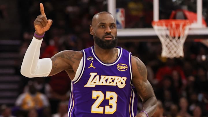 Mar 18, 2026; Houston, Texas, USA; Los Angeles Lakers forward LeBron James (23) reacts to his basket against the Houston Rockets in the second quarter at Toyota Center. Mandatory Credit: Thomas Shea-Imagn Images