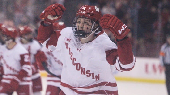 Wisconsins's Quinn Finley celebrates after scoring the game-winning goal in a 6-5 overtime victory over Notre Dame Friday Feb. 6, 2026 at the Kohl Center in Madison, Wis.