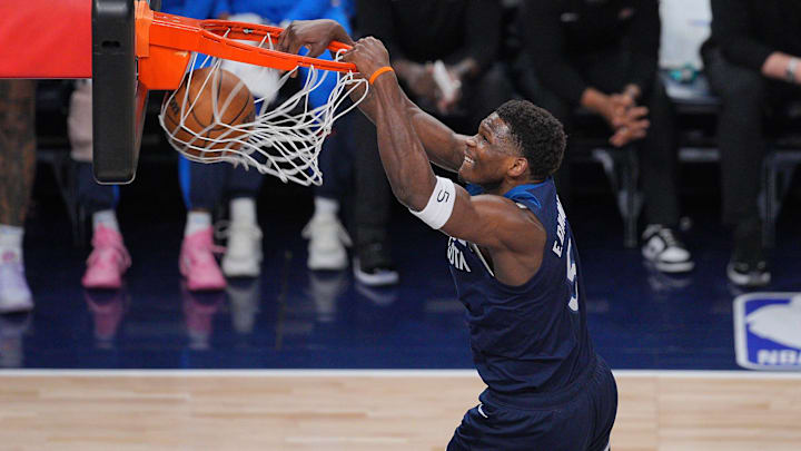 May 24, 2025; Minneapolis, Minnesota, USA; Minnesota Timberwolves guard Anthony Edwards (5) dunks the ball against the Oklahoma City Thunder during the first half in game three of the western conference finals for the 2025 NBA Playoffs at Target Center. Mandatory Credit: Brad Rempel-Imagn Images May 24, 2025; Minneapolis, Minnesota, USA; Minnesota Timberwolves guard Anthony Edwards (5) dunks the ball against the Oklahoma City Thunder during the first half in game three of the western conference finals for the 2025 NBA Playoffs at Target Center. Mandatory Credit: Brad Rempel-Imagn Images