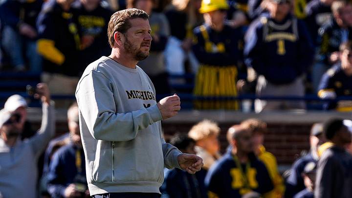 Michigan offensive coordinator Jason Beck watches warmup ahead of the game between Michigan and Penn State at Michigan Stadium in Ann Arbor on Saturday, Oct. 17, 2026.