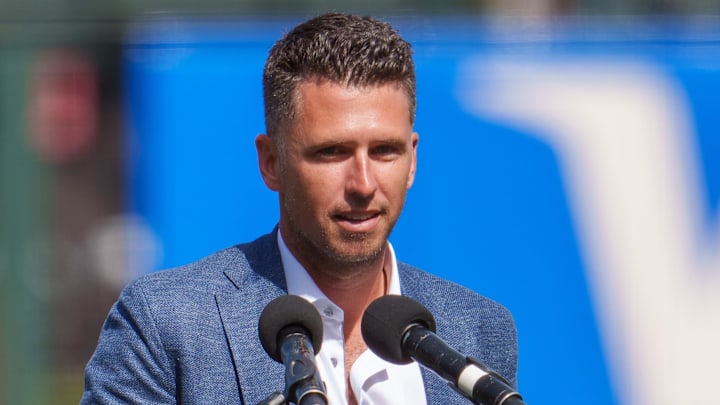 May 7, 2022; San Francisco, California, USA;  Buster Posey at the stadium addressing the fans at Oracle Park
