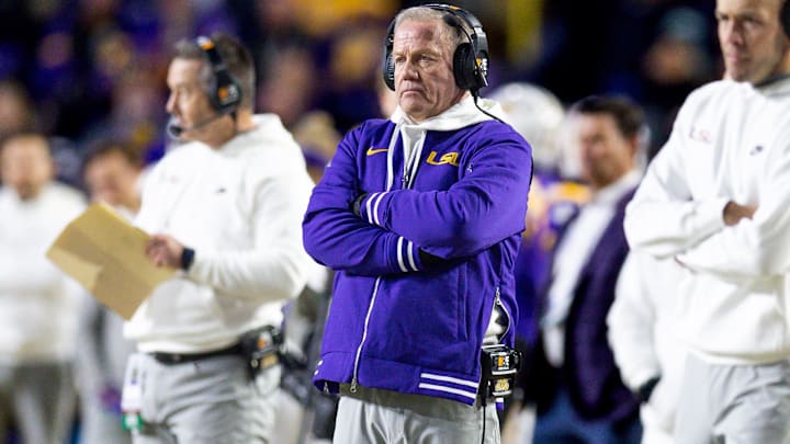 Nov 30, 2024; Baton Rouge, Louisiana, USA;  LSU Tigers head coach Brian Kelly looks on against the Oklahoma Sooners during the second quarter at Tiger Stadium. Mandatory Credit: Stephen Lew-Imagn Images