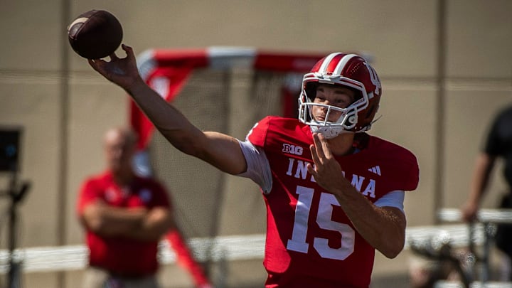 Indiana's Fernando Mendoza (15) makes the catch during the Indiana versus Kennesaw State Big Ten football game at Memorial Stadium on Saturday, Sept. 6, 2025.