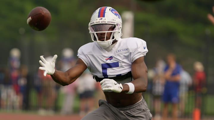 Buffalo Bills wide receiver Joshua Palmer reaches out for the ball at Bills Training Camp at St. John Fisher University in Pittsford on Aug.6, 2025.
