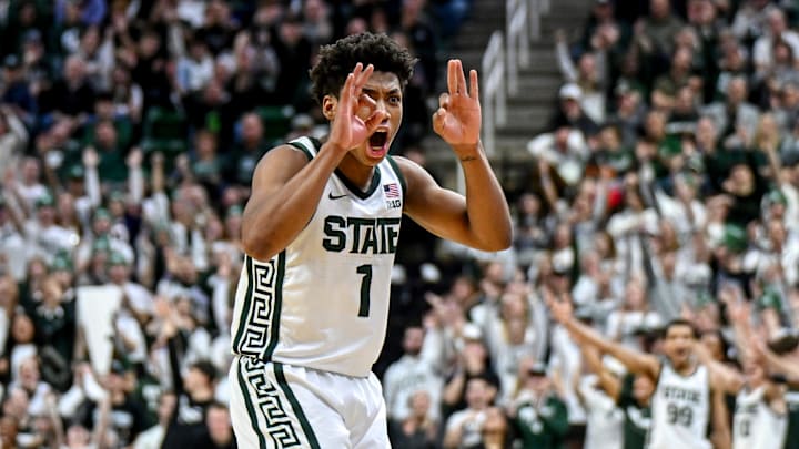Michigan State's Jeremy Fears Jr. celebrates after an assist to Kur Teng against Indiana during the first half on Tuesday, Jan. 13, 2026, at the Breslin Center in East Lansing.