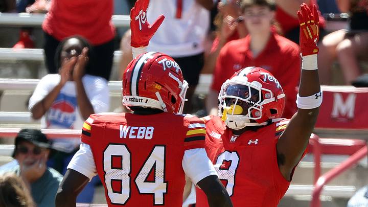 Aug 30, 2025; College Park, Maryland, USA; Maryland Terrapins tight end Dorian Fleming (9) celebrates with Maryland Terrapins wide receiver Kaleb Webb (84) after scoring a touchdown during the first half against the Florida Atlantic Owls at SECU Stadium. Photo by Daniel Kucin Jr. Aug 30, 2025; College Park, Maryland, USA; Maryland Terrapins tight end Dorian Fleming (9) celebrates with Maryland Terrapins wide receiver Kaleb Webb (84) after scoring a touchdown during the first half against the Florida Atlantic Owls at SECU Stadium. Photo by Daniel Kucin Jr.