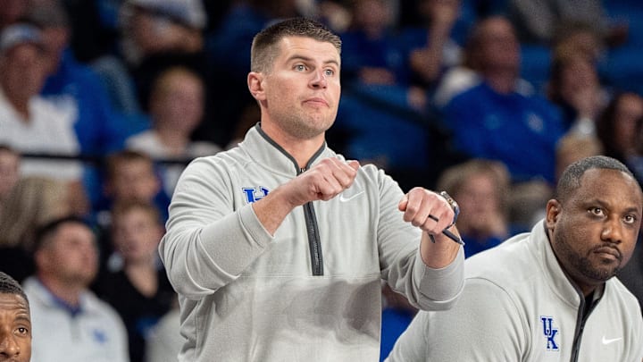 Kentucky Wildcats assistant coach Cody Fueger calls out to the team during the Kentucky Blue-White preseason event on Friday, Oct. 18, 2024 at the Memorial Coliseum. Kentucky Wildcats assistant coach Cody Fueger calls out to the team during the Kentucky Blue-White preseason event on Friday, Oct. 18, 2024 at the Memorial Coliseum.