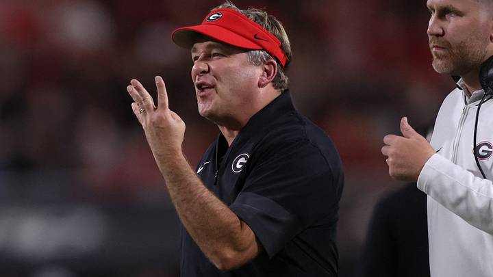 Sep 27, 2025; Athens, Georgia, USA; Georgia Bulldogs head coach Kirby Smart reacts in the first half against the Alabama Crimson Tide at Sanford Stadium. Mandatory Credit: Brett Davis-Imagn Images