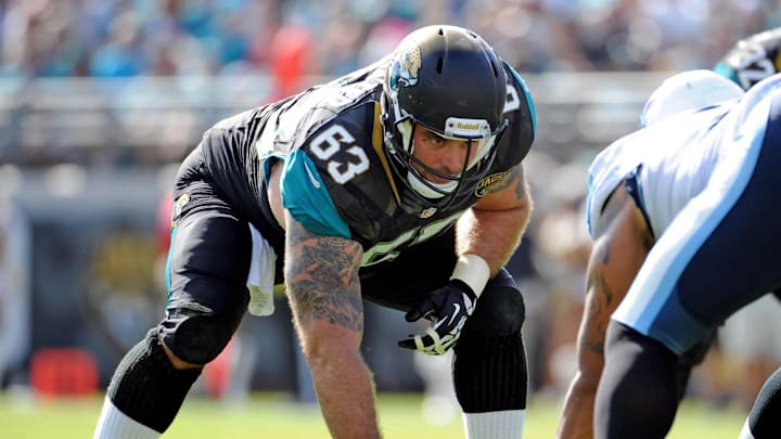 Dec 22, 2013; Jacksonville, FL, USA; Jacksonville Jaguars center Brad Meester (63) lines up during