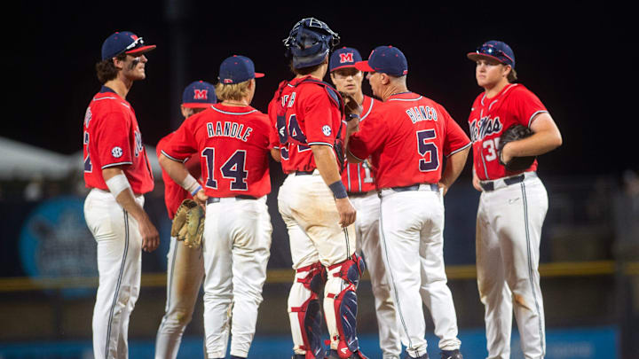 Ole Miss baseball coach Mike Bianco heads to the mound to change pitchers again after Mississippi State scored four runs in the eighth inning at Trustmark Perk in Pearl, Miss., Wednesday, May 1, 2024.