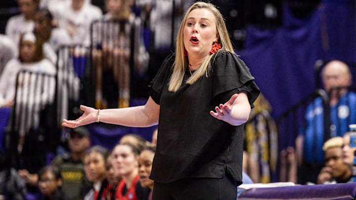 UNLV Lady Rebels head coach Lindy La Rocque reacts to a play against the Michigan Wolverines during the second half at Pete Maravich Assembly Center. Mandatory Credit: Stephen Lew-Imagn Images