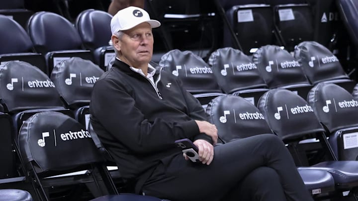 Apr 2, 2024; Salt Lake City, Utah, USA; Utah Jazz CEO Danny Ainge looks on before the game against the Cleveland Cavaliers at Delta Center. Mandatory Credit: Rob Gray-Imagn Images