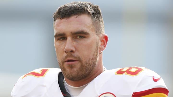 Dec 21, 2014; Pittsburgh, PA, USA; Kansas City Chiefs tight end Travis Kelce (87) on the field before playing the Pittsburgh Steelers at Heinz Field. The Steelers won 20-12. Mandatory Credit: Charles LeClaire-Imagn Images