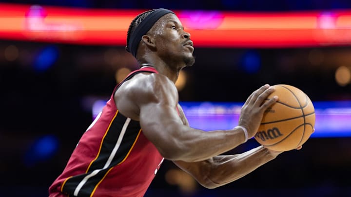 Apr 17, 2024; Philadelphia, Pennsylvania, USA; Miami Heat forward Jimmy Butler (22) lines up a shot against the Philadelphia 76ers during the second quarter of a play-in game of the 2024 NBA playoffs at Wells Fargo Center. Mandatory Credit: Bill Streicher-USA TODAY Sports Apr 17, 2024; Philadelphia, Pennsylvania, USA; Miami Heat forward Jimmy Butler (22) lines up a shot against the Philadelphia 76ers during the second quarter of a play-in game of the 2024 NBA playoffs at Wells Fargo Center. Mandatory Credit: Bill Streicher-USA TODAY Sports