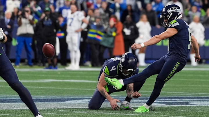 Seattle Seahawks place-kicker Jason Myers (5) kicks the game-winning field goal during the second half of an NFL football game against the Indianapolis Colts, Sunday, Dec. 14, 2025, in Seattle.