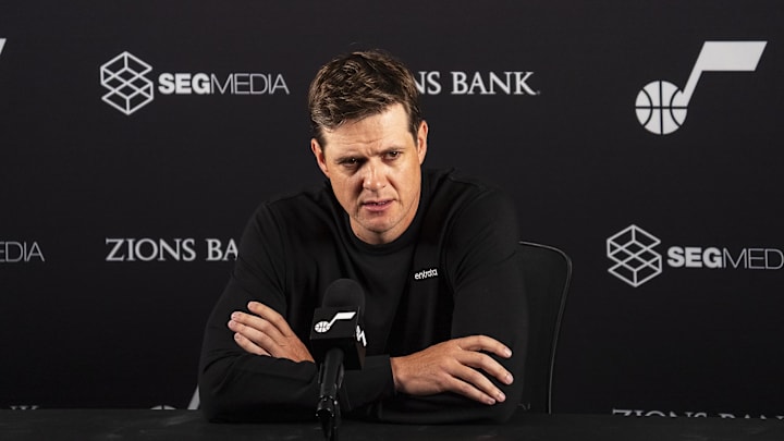 Sep 30, 2024; Salt Lake City, USA; Utah Jazz head coach Will Hardy talks to the media during media day at Zions Bank Basketball Campus. Mandatory Credit: Utah Jazz via Imagn Images