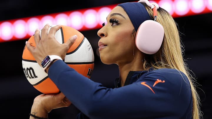 Connecticut Sun guard DiJonai Carrington (21) warms up before game two of the 2024 WNBA Semi-finals against the Minnesota Lynx at Target Center.