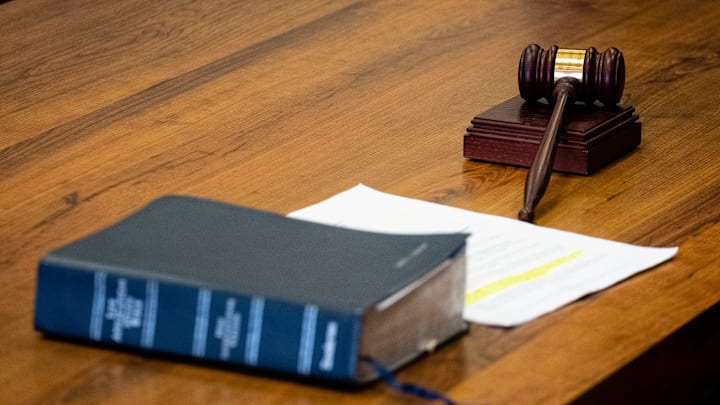 A Bible and gavel are placed on a table during St. Clair County Circuit Judge Dan Damman's swearing-in ceremony Tuesday, Dec. 29, 2020, in the St. Clair County Courthouse in Port Huron.