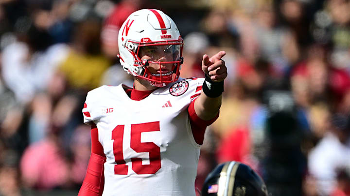 Sep 28, 2024; West Lafayette, Indiana, USA; Nebraska Cornhuskers quarterback Dylan Raiola (15) points at the line of scrimmage before the snap against the Purdue Boilermakers during the second half at Ross-Ade Stadium. 