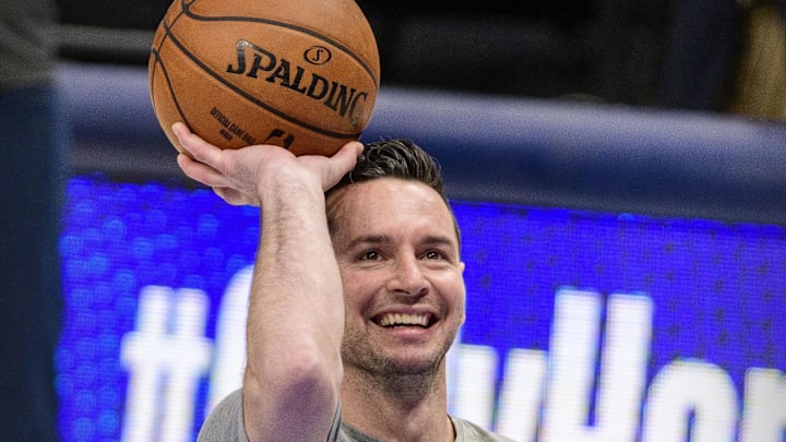 Apr 12, 2021; Dallas, Texas, USA; Dallas Mavericks guard JJ Redick (17) warms up before the game against the Philadelphia 76ers at the American Airlines Center. Mandatory Credit: Jerome Miron-USA TODAY Sports