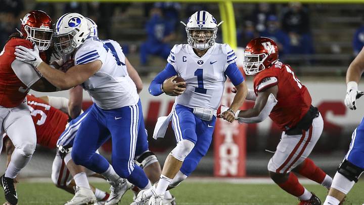 Oct 16, 2020; Houston, Texas, USA; Brigham Young Cougars quarterback Zach Wilson (1) runs with the ball during the third quarter against the Houston Cougars at TDECU Stadium. Mandatory Credit: Troy Taormina-Imagn Images