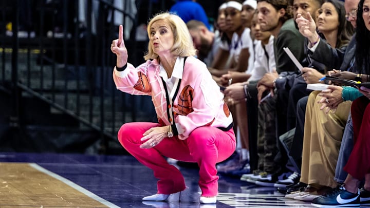 Nov 8, 2024; Baton Rouge, Louisiana, USA;  LSU Lady Tigers head coach Kim Mulkey looks on against the Northwestern State Lady Demons during the first half at Pete Maravich Assembly Center. Mandatory Credit: Stephen Lew-Imagn Images