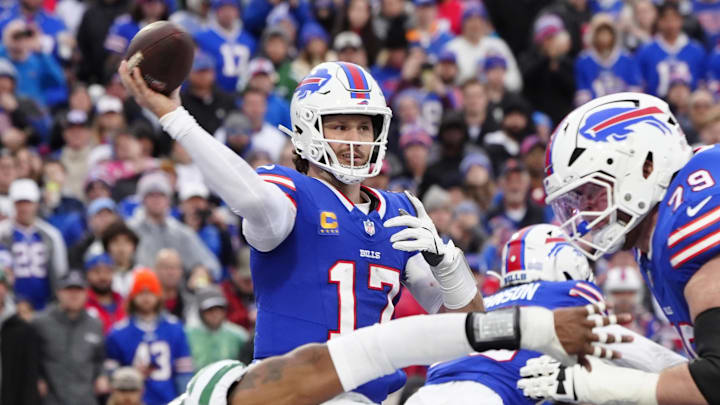 Buffalo Bills quarterback Josh Allen throws the ball against the New York Jets during the second half at Highmark Stadium.