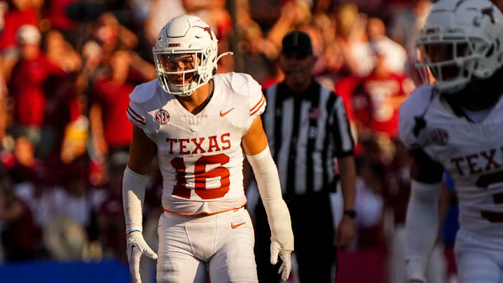 Texas Longhorns defensive back Michael Taaffe (16) lines up for a snap during the Red River Rivalry game against Oklahoma at the Cotton Bowl on Saturday, Oct. 12, 2024 in Dallas, Texas.