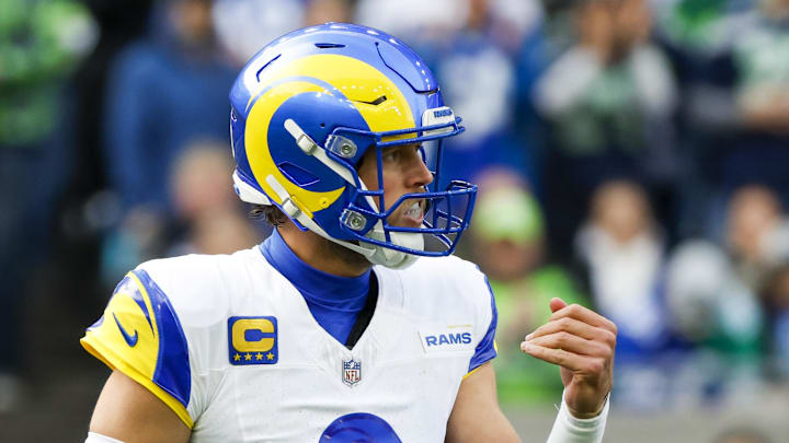 Nov 3, 2024; Seattle, Washington, USA; Los Angeles Rams quarterback Matthew Stafford (9) reacts after throwing an incompletion against the Seattle Seahawks during the first quarter at Lumen Field. Mandatory Credit: Joe Nicholson-Imagn Images
