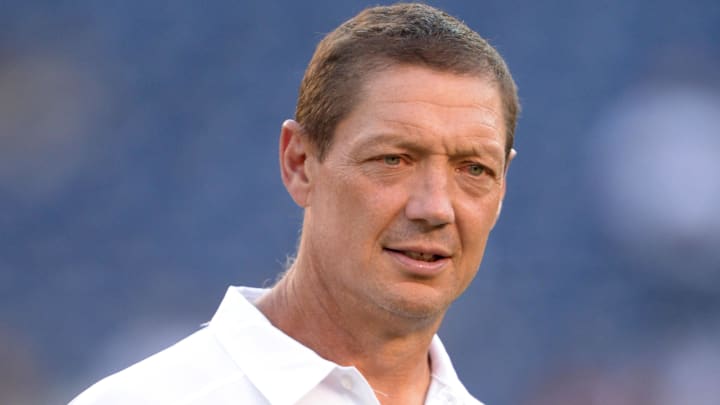 Sep 9, 2013; San Diego, CA, USA; Houston Texans offensive coordinator Rick Dennison during the game against the San Diego Chargers at Qualcomm Stadium. The Texans defeated the Chargers 31-28. Mandatory Credit: Kirby Lee-Imagn Images