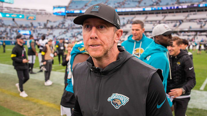 Jacksonville Jaguars head coach Liam Coen exits the field after the game at EverBank Stadium, Sunday, Jan. 4, 2026, in Jacksonville, Fla. The Jaguars defeated the Titans 41-7 [Doug Engle/Florida Times-Union]