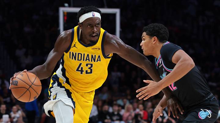 Dec 27, 2025; Miami, Florida, USA; Indiana Pacers forward Pascal Siakam (43) drives to the basket against Miami Heat guard Dru Smith (12) during the first half at Kaseya Center. Mandatory Credit: Sam Navarro-Imagn Images