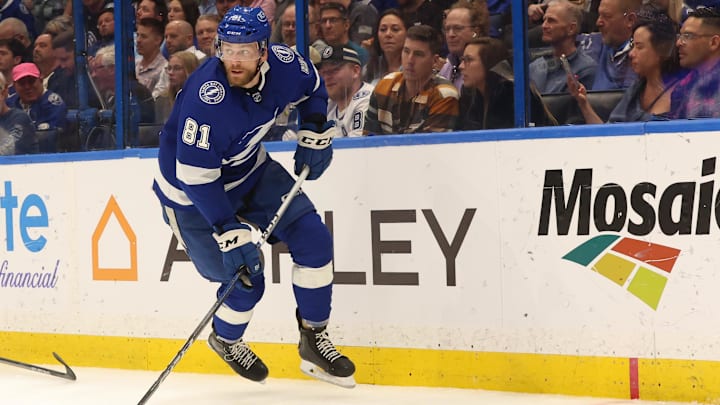 Apr 11, 2024; Tampa, Florida, USA; Tampa Bay Lightning defenseman Erik Cernak (81) skates with the puck against the Ottawa Senators during the second period at Amalie Arena. Mandatory Credit: Kim Klement Neitzel-USA TODAY Sports
