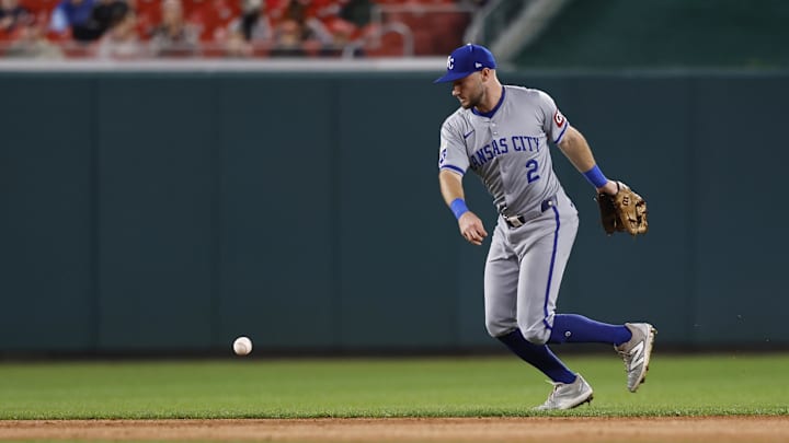 Sep 24, 2024; Washington, District of Columbia, USA; A single by Washington Nationals second base Luis García Jr. (not pictured) bounces away from Kansas City Royals outfielder Garrett Hampson (2) during the second inning at Nationals Park. Mandatory Credit: Geoff Burke-Imagn Images Sep 24, 2024; Washington, District of Columbia, USA; A single by Washington Nationals second base Luis García Jr. (not pictured) bounces away from Kansas City Royals outfielder Garrett Hampson (2) during the second inning at Nationals Park. Mandatory Credit: Geoff Burke-Imagn Images