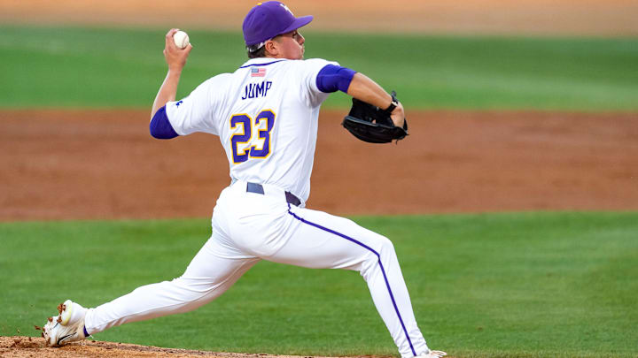 Tigers starting pitcher Gage Jump 23 on the mound as the LSU Tigers take on the Vanderbilt Commodores at Alex Box Stadium in Baton Rouge LA. Friday, April 5, 2024.