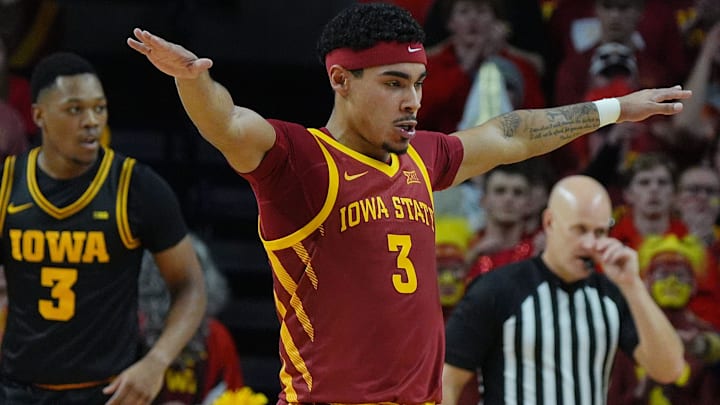 Iowa State Cyclones guard Tamin Lipsey (3) celebrates after a Iowa turnover during the second half in the men’s basketball Cy-Hawk series on Dec. 11, 2025, in Ames, Iowa.