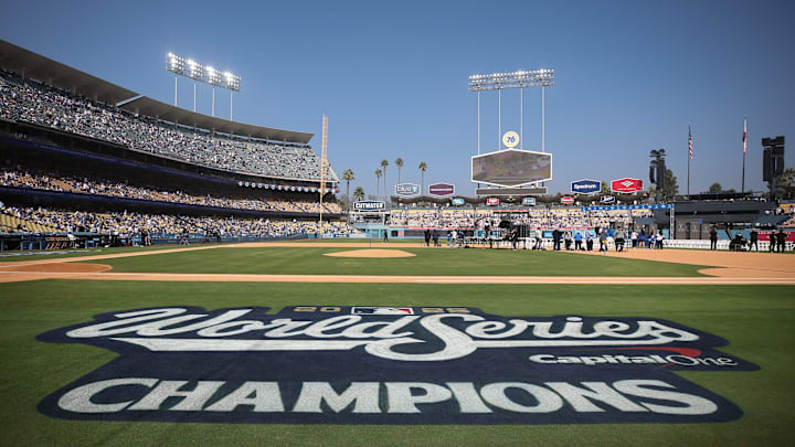 Dodger Stadium's infield shows off a display honoring the 2025 World Series champions in Los Angeles on Monday, Nov. 3, 2025. The Dodgers beat the Toronto Blue Jays in seven games to win their second straight World Series title and third in last six years.