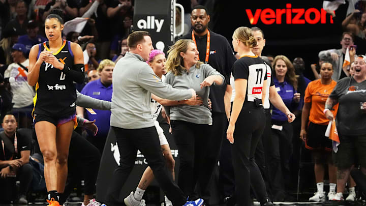 Lynx coach Cheryl Reeve reacts after being ejected from the game during their 84-76 loss to the Phoenix Mercury during Game 3 of WNBA semifinals at PHX Arena.