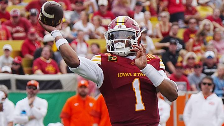 Iowa State quarterback Jaylen Raynor (1) passes the ball against Bowling Green during the second quarter on Sept. 19, 2026, at Jack Trice Stadium in Ames, Iowa. Iowa State quarterback Jaylen Raynor (1) passes the ball against Bowling Green during the second quarter on Sept. 19, 2026, at Jack Trice Stadium in Ames, Iowa.