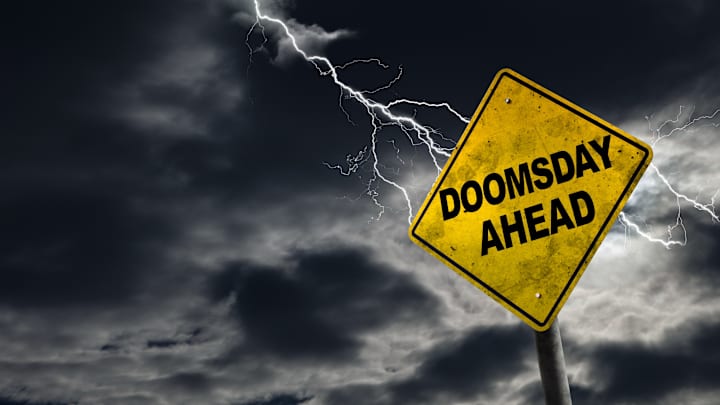 Sign reading "Doomsday Ahead" with lightning strike in background